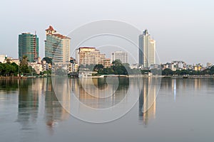 Hanoi cityscape at twilight at West Lake Ho Tay