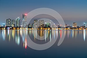 Hanoi cityscape at twilight at West Lake Ho Tay