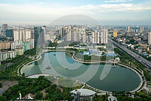 Hanoi skyline cityscape during sunset period at Nhan Chinh ward, Cau Giay district in 2020