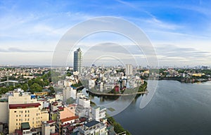 Hanoi skyline cityscape at sunset period. West Lake aerial view