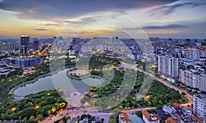 Hanoi skyline cityscape at twilight period. Cau Giay park