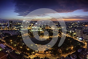 Hanoi skyline cityscape at twilight period. Cau Giay park