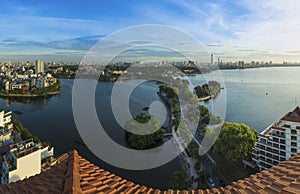 Hanoi skyline cityscape at twilight period. West Lake aerial view