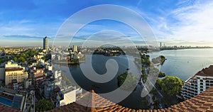 Hanoi skyline cityscape at twilight period. West Lake aerial view