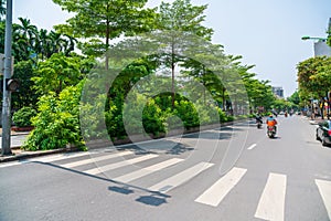 Hanoi street with green tree lines on Kim Ma street