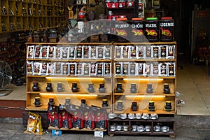 Hanoi, Vietnam - Apr 5, 2015: Various brand name coffee for sale in Hang Buom street, Hoan Kiem district. Vietnam is the world`s