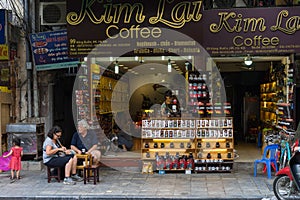 Hanoi, Vietnam - Apr 5, 2015: Various brand name coffee for sale in Hang Buom street, Hoan Kiem district. Vietnam is the world`s