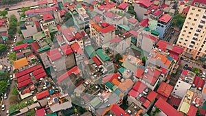 HANOI, VIETNAM - APRIL, 2020: Aerial panorama view of the roofs of houses and crossroad of the city of Hanoi.