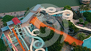 HANOI, VIETNAM - APRIL, 2020: Aerial panorama view of the water slides in the aquapark near west lake in Hanoi.