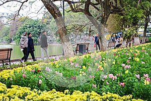 Hanoi, Vietnam - Feb 20, 2017 : Peopla walking by Flower Garden