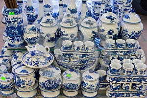 Hanoi, Vietnam - Jan 25, 2015: Pottery products on a shop in Bat Trang ancient ceramic village. Bat Trang village is the oldest an