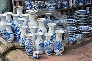 Hanoi, Vietnam - Jan 25, 2015: Pottery products on a shop in Bat Trang ancient ceramic village. Bat Trang village is the oldest an