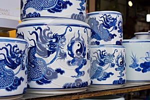 Hanoi, Vietnam - Jan 25, 2015: Pottery products on a shop in Bat Trang ancient ceramic village. Bat Trang village is the oldest an