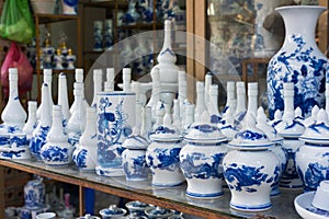 Hanoi, Vietnam - Jan 25, 2015: Pottery products on a shop in Bat Trang ancient ceramic village. Bat Trang village is the oldest an