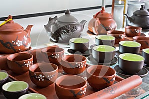 Hanoi, Vietnam - Jan 25, 2015: Pottery products on a shop in Bat Trang ancient ceramic village. Bat Trang village is the oldest an