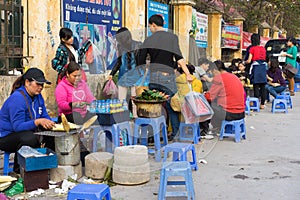 Hanoi, Vietnam - Jan 25, 2015: Pottery products on a shop in Bat Trang ancient ceramic village. Bat Trang village is the oldest an