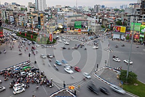 Hanoi, Vietnam - May 15, 2016: Aerial skyline view of Hanoi cityscape by twilight period at intersection Ton Duc Thang st - Nguyen