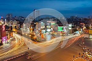 Hanoi, Vietnam - May 15, 2016: Panorama aerial skyline view of Hanoi cityscape by twilight period at intersection Ton Duc Thang st