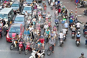 Hanoi, Vietnam - Oct 11, 2016: Aerial view of traffic on Dai La street at rush hour