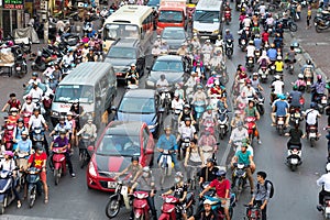 Hanoi, Vietnam - Oct 11, 2016: Aerial view of traffic on Dai La street at rush hour