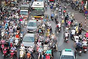 Hanoi, Vietnam - Oct 11, 2016: Aerial view of traffic on Dai La street at rush hour