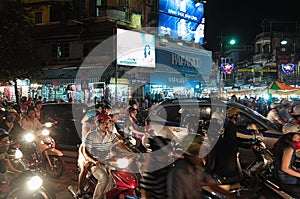 Crowded city center traffic road in Hanoi