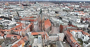 Hanover's Iconic Marktkirche. Urban city view and skyline overview. Aerial drone view. The Evangelical Lutheran