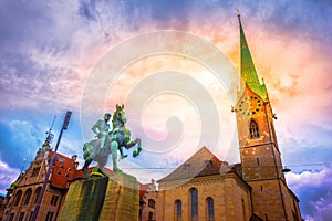 Hans Waldmann monument and Fraumunster Church, Zurich.