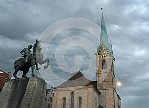 Hans Waldmann monument and Fraumunster Church, Zurich, Switzerland