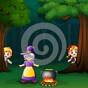 Hansel and gretel in forest with witch