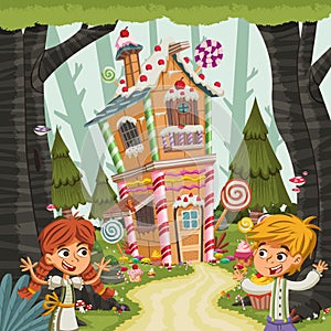 Hansel and Gretel in front of the candy house