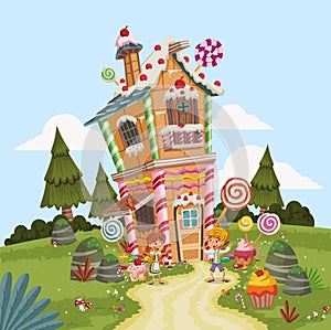 Hansel and Gretel in front of the candy house