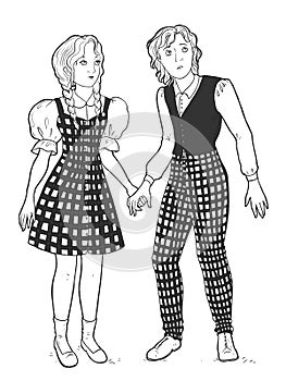 Hansel & Gretel. Brother and sister holding hands. Fairytale characters.