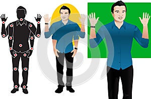 Hanson young man cartoon character in formal blue shirt, animation ready vector doll with separate joints. Gestures. Articulation