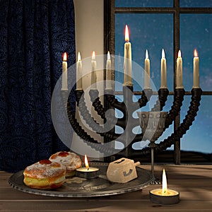 Hanukkah background with candles, donuts, spinning top