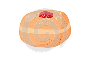 Hanukkah bakery doughnut cartoon flat vector illustration. Traditional Chanukah donuts sufganiyah. Pastry donut with jam