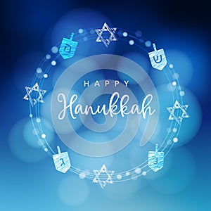 Hanukkah blue background with wreath of light, Jewish stars and dreidels. Festive party decoration. Modern blurred