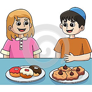 Hanukkah Boy and Girl Feasting Cartoon Clipart