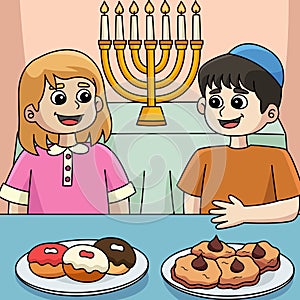 Hanukkah Boy and Girl Feasting Colored Cartoon