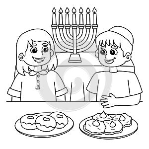 Hanukkah Boy and Girl Feasting Coloring Page