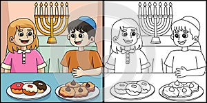 Hanukkah Boy and Girl Feasting Illustration