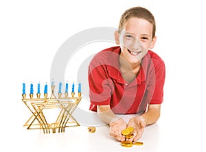 Hanukkah Boy Holding Gelt photo