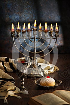 Hanukkah with burning candles, concept of the Jewish holiday Hanukkah