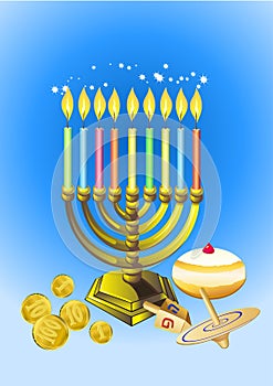 Hanukkah candles, donuts, oil pitc