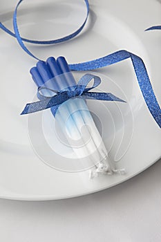 Hanukkah candles gift present on white background Jewish holidays traditions photo