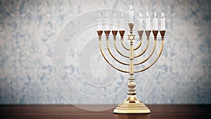 Hanukkah candles on wooden table against vintage wallpaper. 3D illustration