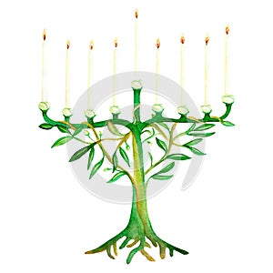 Hanukkah candlestick in the form of intertwining branches of an olive tree with buds. Nine burning festive white candles