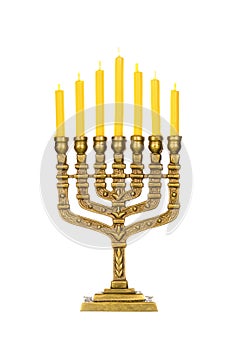 Hanukkah candlestick isolated on white. Ritual candle menorah on a white background. Menorah is the symbol of Judaism.