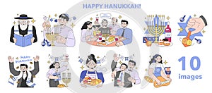 Hanukkah celebrating set. Family gathering on religious holidays.