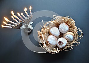 Hanukkah celebration concept. Sufganiyot/doughnuts